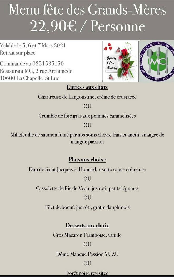 MC - Menu fêtes des grands mères.jpg Restaurant MC, Traiteur MC